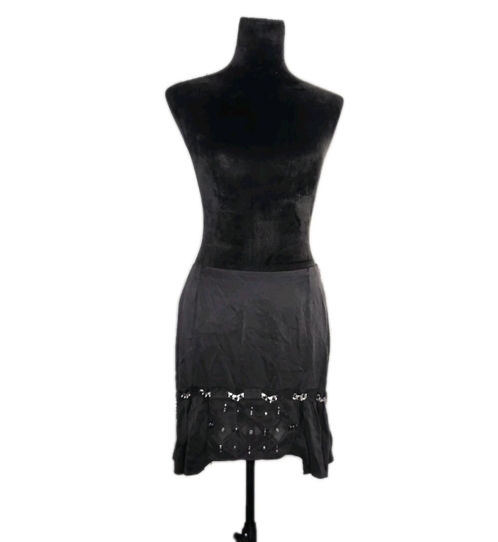 Nwot Coach Ruffled Hem 100% Silk Black Embroidered Mini Skirt With Chain Size 4